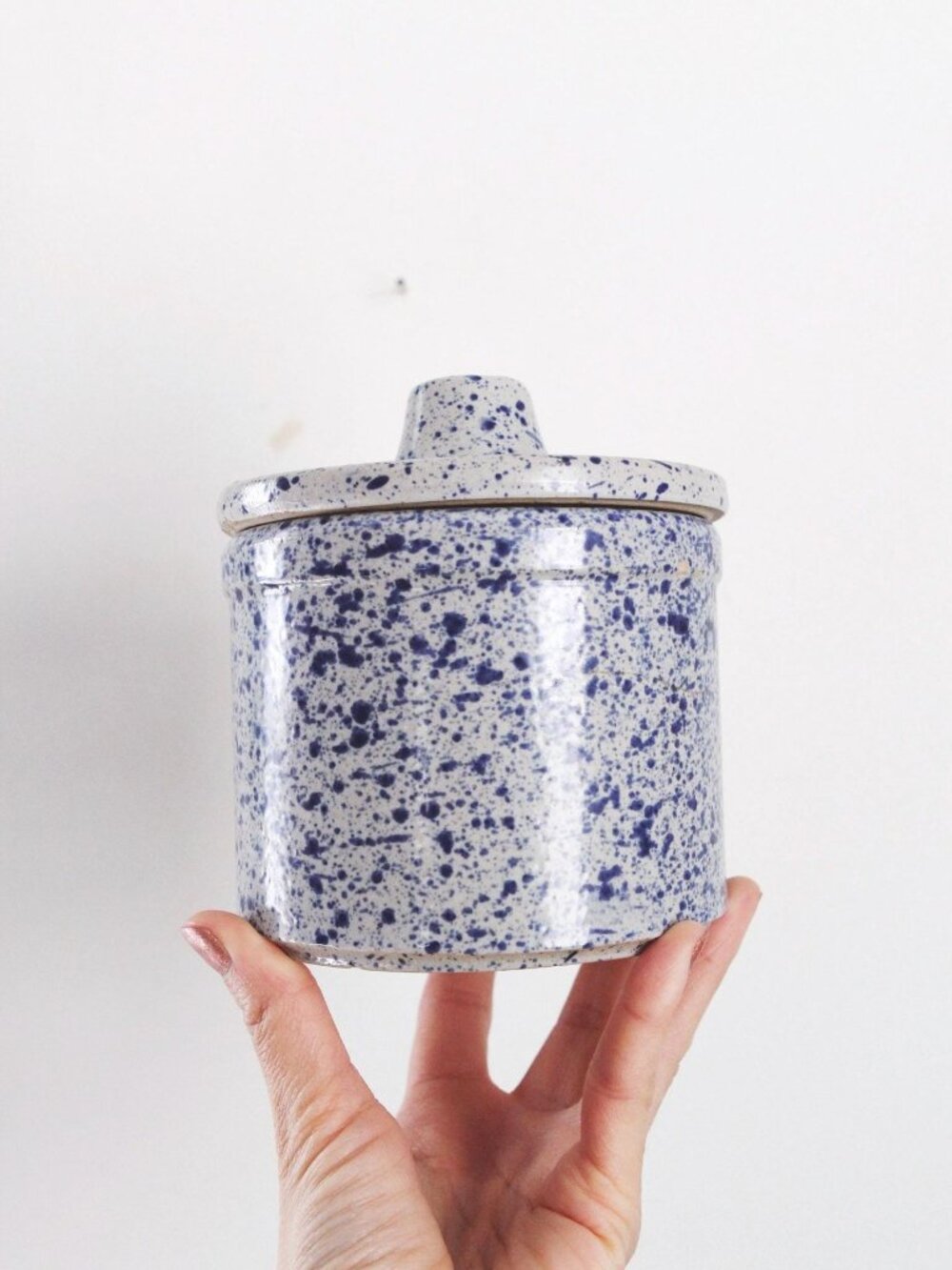 Vintage Stoneware Pottery Crock Blue Speckled Spatterware Glaze Farmhouse Decor